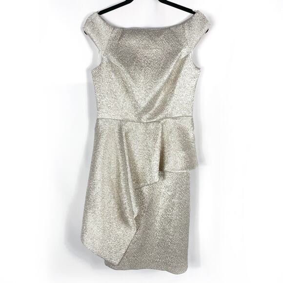 Teri Jon Peplum Cocktail Dress Gold Metallic Ruffle Knee Length Sheath Sz 4 - Picture 6 of 11